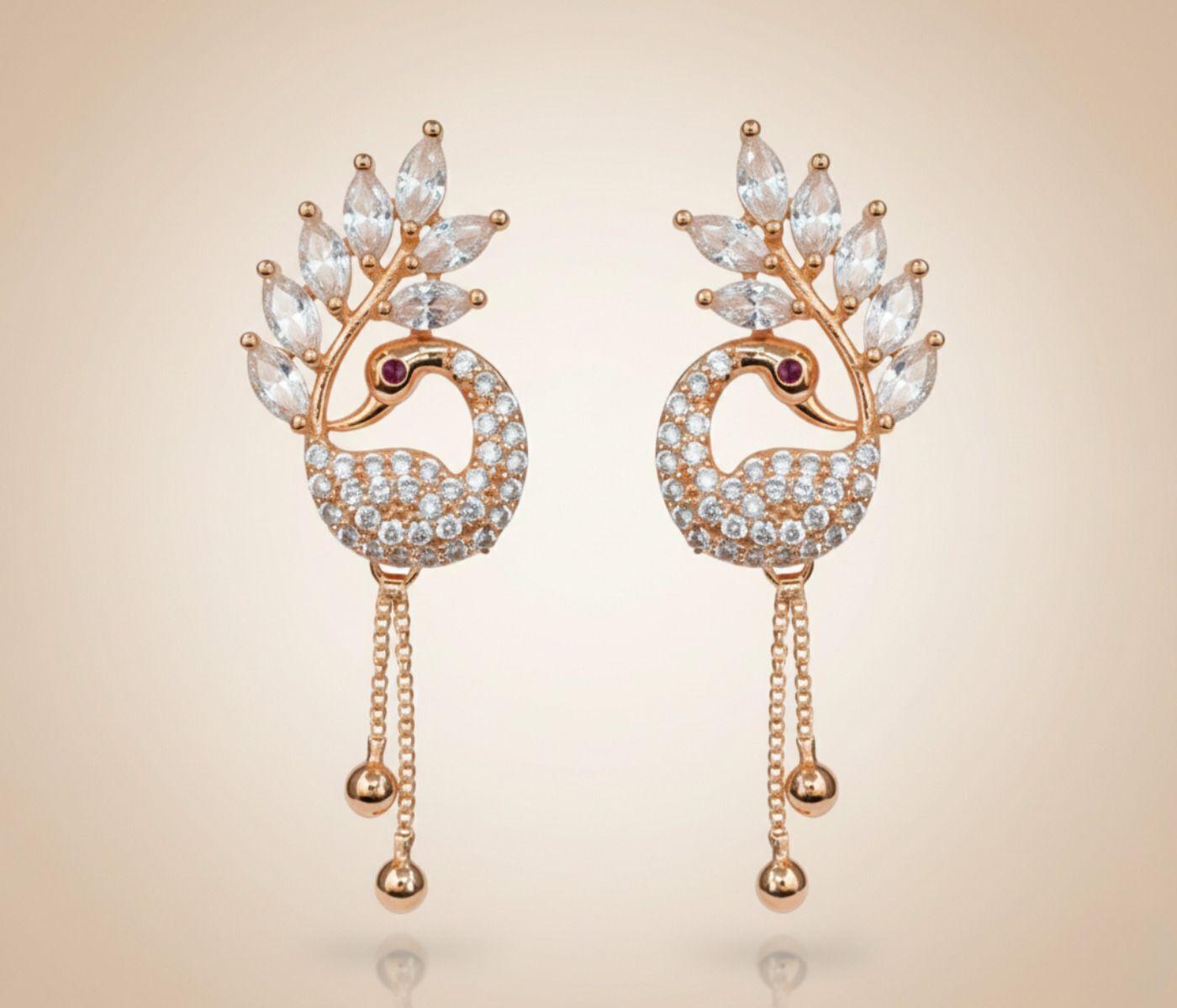 Forevershine Anti Tarnish Rose Gold Peacock Earrings, Long Dangling Design With Cubic Zirconia Stones, Chain Tassel Drop|lightweight|gift For Her|for Women & Girls