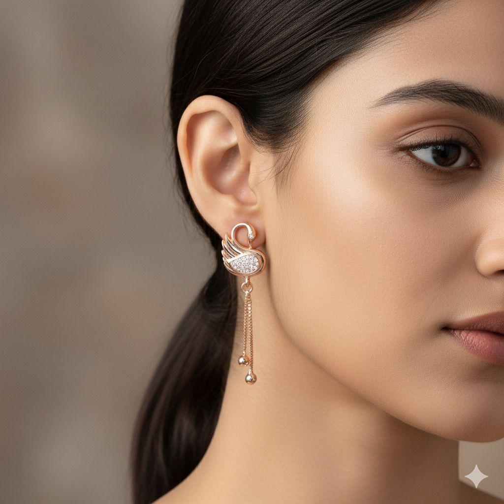 Forevershine Anti Tarnish Rose Gold Swan Earrings With Cubic Zirconia, Dangle Drop Design, Chain Tassel|lightweight|gift For Her|skin Friendly & Hypoallergenic|stylish Jewelry For Women & Girls - Image 2
