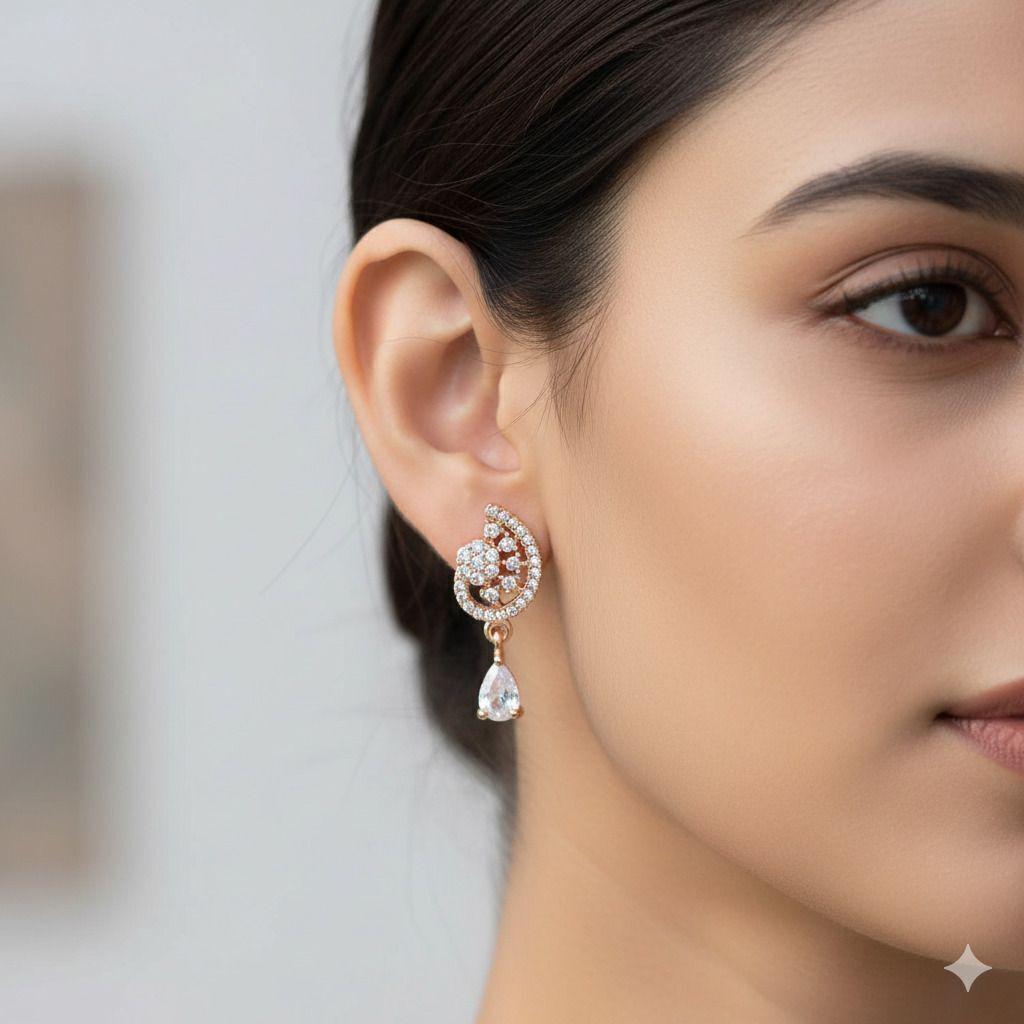 Forevershine Anti Tarnish Rose Gold Stud Earrings, Cubic Zirconia, Floral Swirl Design, Round Shape|lightweight|gift For Her|skin Friendly & Hypoallergenic|stylish Jewelry For Women & Girls - Image 2