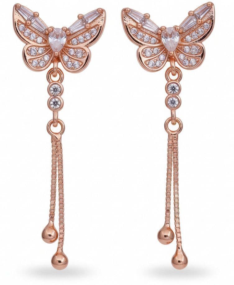 Forevershine Anti Tarnish Rose Gold Butterfly Drop Earrings, Crystal Embellished, Dangle Chain Design With Ball Ends|lightweight|gift For Her|for Women & Girls - Image 4
