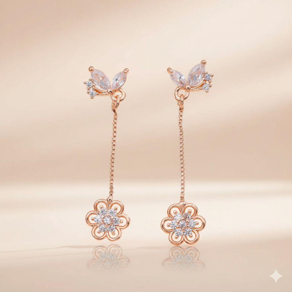 Forevershine Anti Tarnish Rose Gold Long Drop Earrings, Butterfly And Flower Design, Crystal Embellished, Dangle Style,|lightweight|gift For Her|for Women & Girls