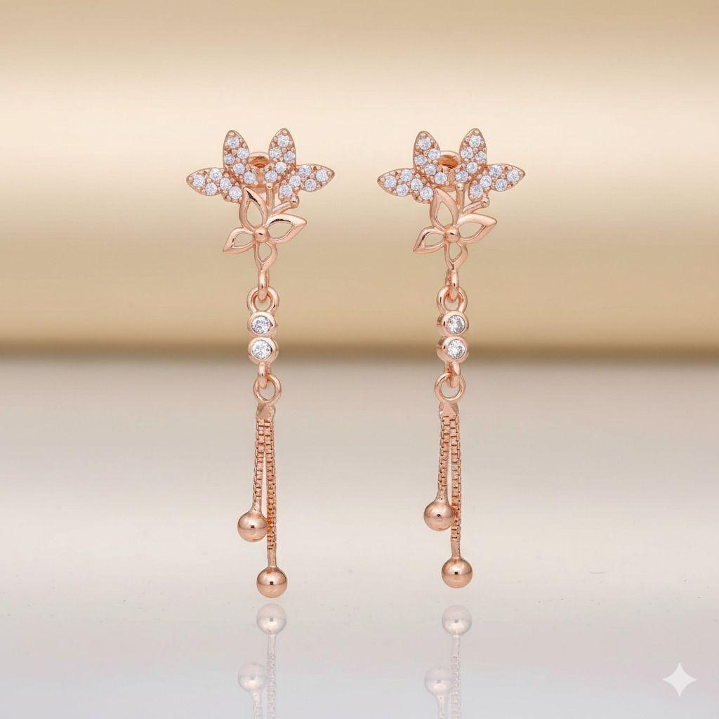 Forevershine Anti Tarnish Rose Gold Floral Drop Earrings With Crystal Embellishments, Dangle Style, Chain With Beads|lightweight|gift For Her|for Women & Girls