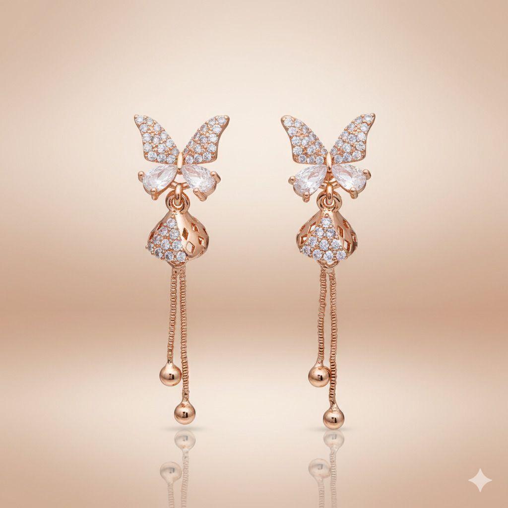 Forevershine Anti Tarnish Rose Gold Butterfly Drop Earrings, Crystal Embellished Long Dangle Earrings With Chain Tassel, 40x10mm|lightweight|gift For Her|for Women & Girls