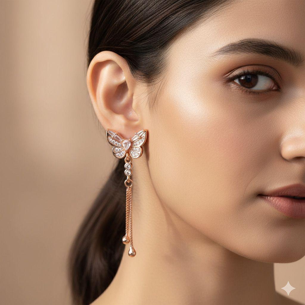 Forevershine Anti Tarnish Rose Gold Butterfly Drop Earrings, Crystal Embellished, Dangle Chain Design With Ball Ends|lightweight|gift For Her|for Women & Girls - Image 2