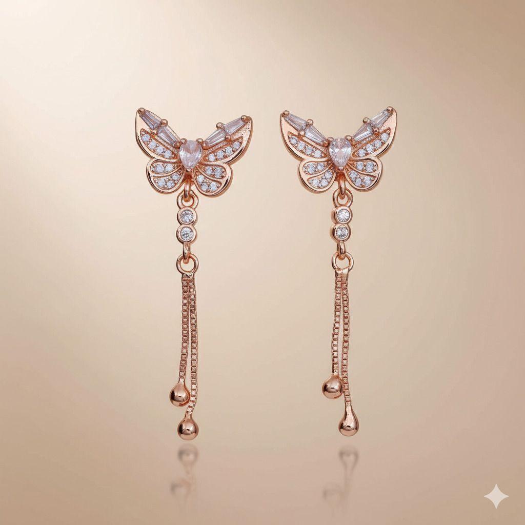 Forevershine Anti Tarnish Rose Gold Butterfly Drop Earrings, Crystal Embellished, Dangle Chain Design With Ball Ends|lightweight|gift For Her|for Women & Girls