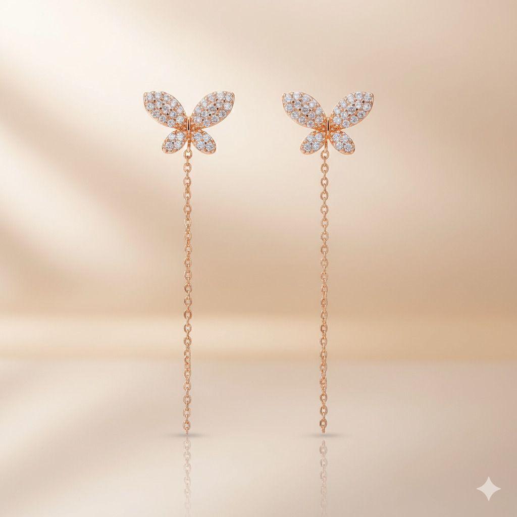 Forevershine Anti Tarnish Rose Gold Butterfly Earrings With Chain, Crystal Studded Long Drop Earrings, 45x12mm|lightweight|gift For Her|skin Friendly & Hypoallergenic|stylish Jewelry For Women & Girls