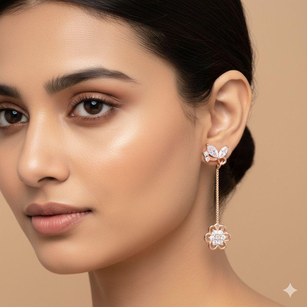 Forevershine Anti Tarnish Rose Gold Long Drop Earrings, Butterfly And Flower Design, Crystal Embellished, Dangle Style,|lightweight|gift For Her|for Women & Girls - Image 2