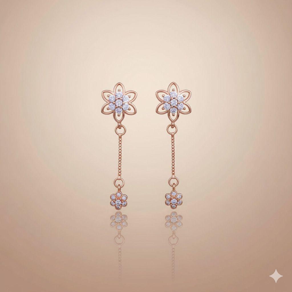 Forevershine Anti Tarnish Rose Gold Floral Drop Earrings, Crystal Studded Double Flower Design, Dangle Style, Fashion Jewelry|lightweight|gift For Her|for Women & Girls