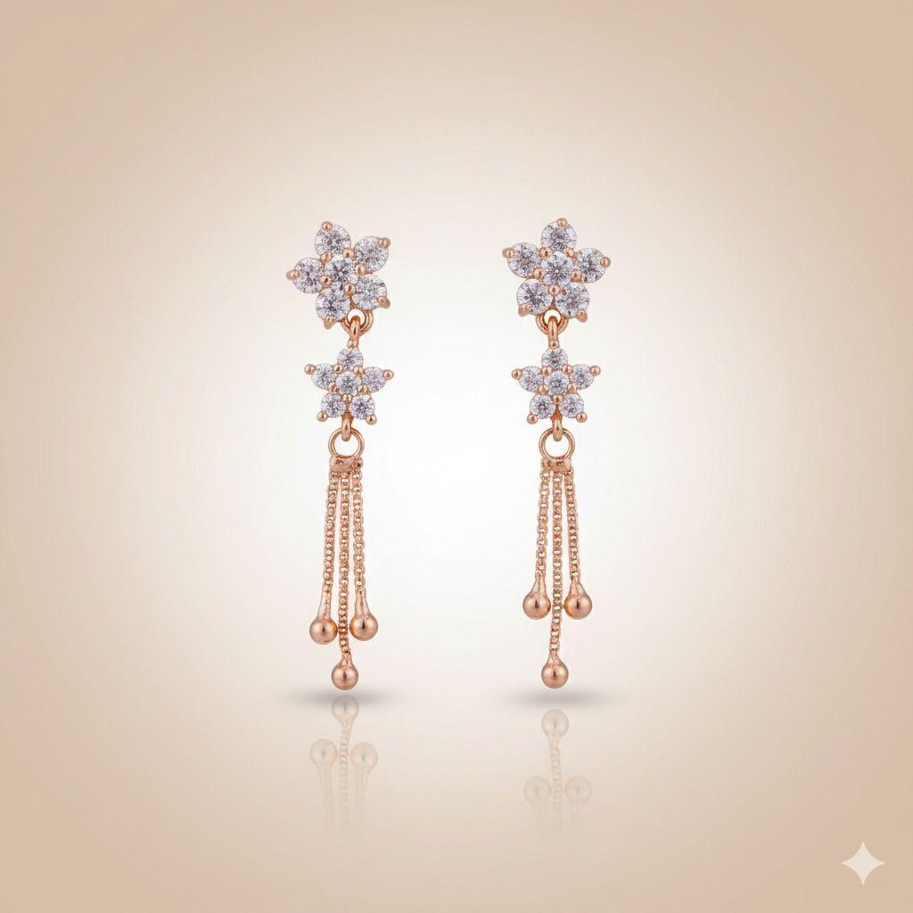Forevershine Anti Tarnish Rose Gold Stud Long Earrings, Crystal Star Design, Dangle Drop Style,|lightweight|gift For Her|skin Friendly & Hypoallergenic|stylish Jewelry For Women & Girls