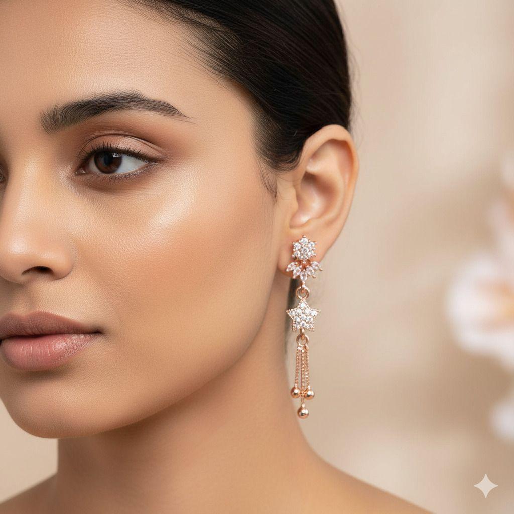 Forevershine Anti Tarnish Rose Gold Stud Long Earrings, Crystal Star Design, Dangle Drop Style,|lightweight|gift For Her|skin Friendly & Hypoallergenic|stylish Jewelry For Women & Girls - Image 2