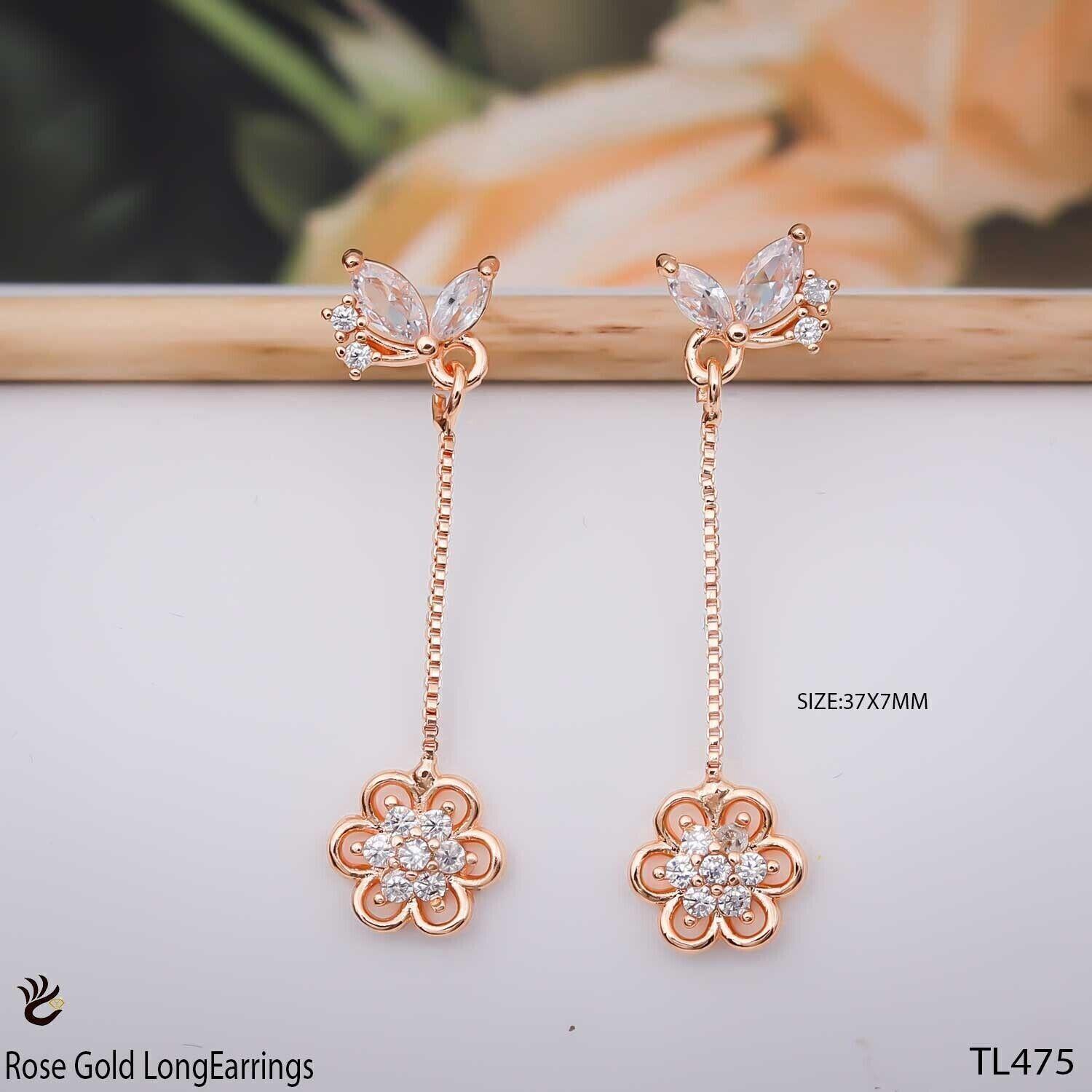 Forevershine Anti Tarnish Rose Gold Long Drop Earrings, Butterfly And Flower Design, Crystal Embellished, Dangle Style,|lightweight|gift For Her|for Women & Girls - Image 3