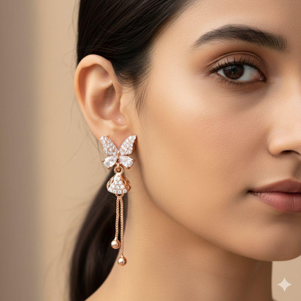 Forevershine Anti Tarnish Rose Gold Butterfly Drop Earrings, Crystal Embellished Long Dangle Earrings With Chain Tassel, 40x10mm|lightweight|gift For Her|for Women & Girls - Image 2
