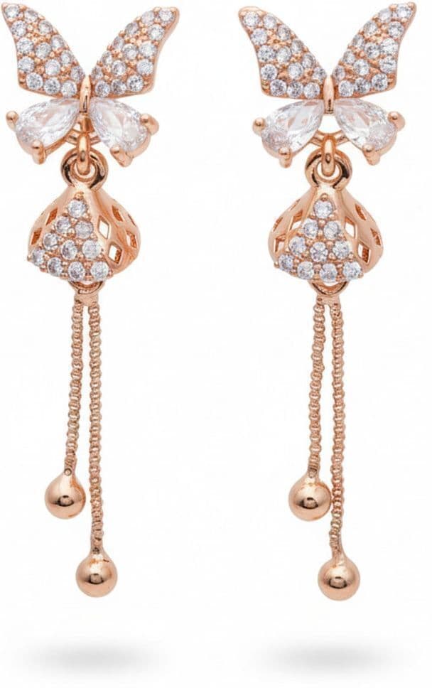 Forevershine Anti Tarnish Rose Gold Butterfly Drop Earrings, Crystal Embellished Long Dangle Earrings With Chain Tassel, 40x10mm|lightweight|gift For Her|for Women & Girls - Image 4