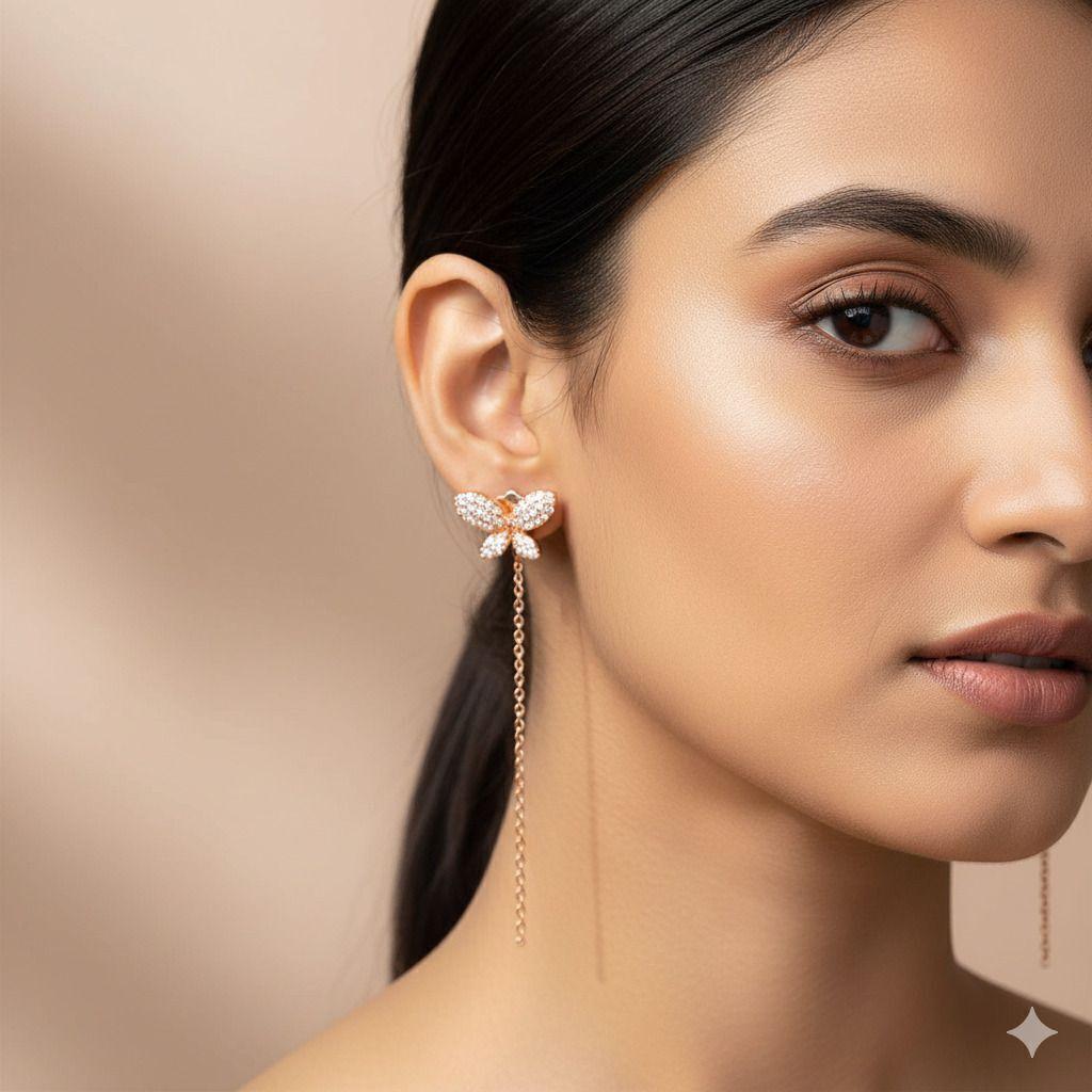 Forevershine Anti Tarnish Rose Gold Butterfly Earrings With Chain, Crystal Studded Long Drop Earrings, 45x12mm|lightweight|gift For Her|skin Friendly & Hypoallergenic|stylish Jewelry For Women & Girls - Image 2