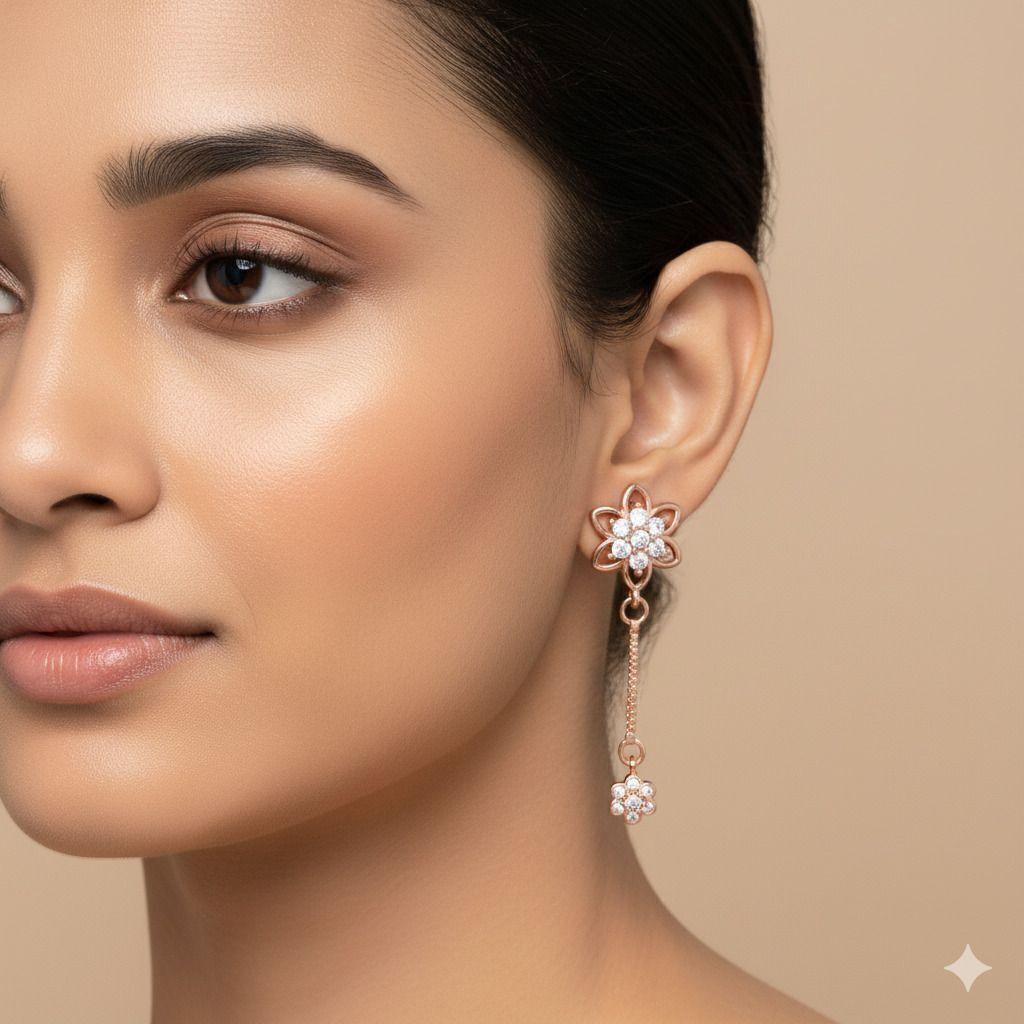 Forevershine Anti Tarnish Rose Gold Floral Drop Earrings, Crystal Studded Double Flower Design, Dangle Style, Fashion Jewelry|lightweight|gift For Her|for Women & Girls - Image 2