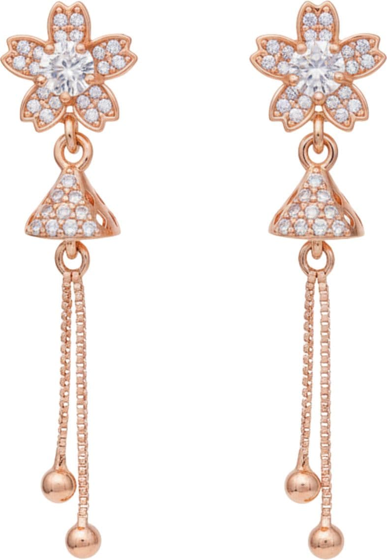 Forevershine Anti Tarnish Crystal Flower Drop Earrings, Rose Gold Plated, Cz Diamond Studded, Long Chain Tassel Design, 40x10mm Dangle Earrings With Ball Ends|lightweight|for Women & Girls - Image 5