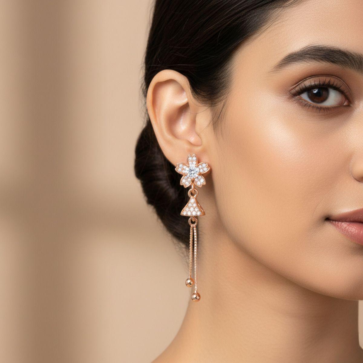 Forevershine Anti Tarnish Crystal Flower Drop Earrings, Rose Gold Plated, Cz Diamond Studded, Long Chain Tassel Design, 40x10mm Dangle Earrings With Ball Ends|lightweight|for Women & Girls - Image 2