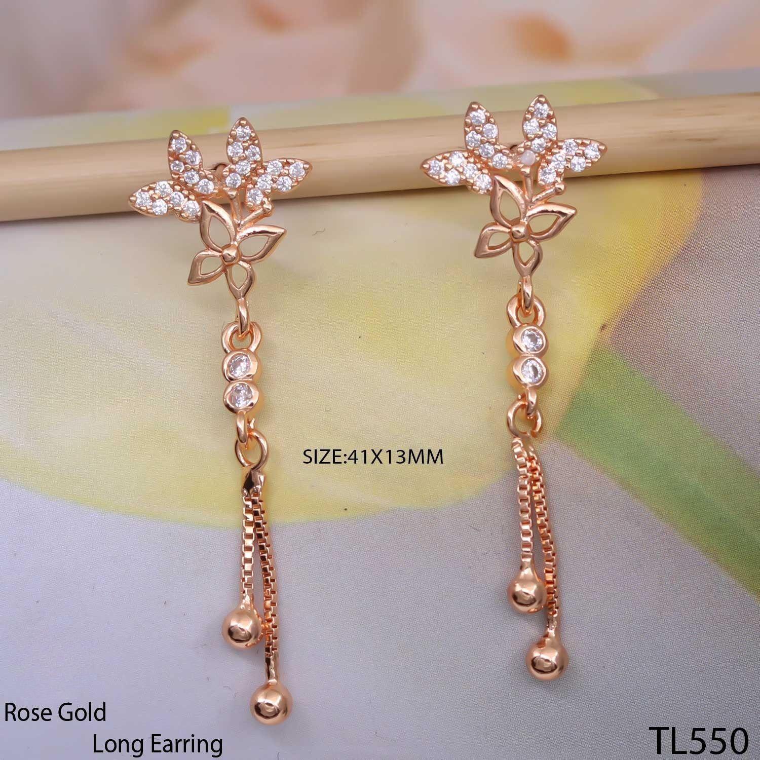 Forevershine Anti Tarnish Rose Gold Floral Drop Earrings With Crystal Embellishments, Dangle Style, Chain With Beads|lightweight|gift For Her|for Women & Girls - Image 3