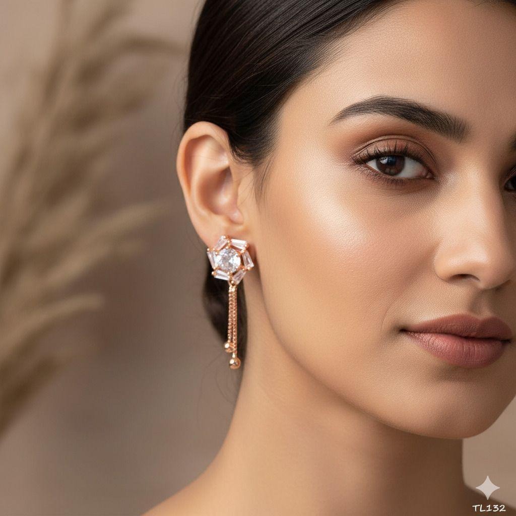 Forevershine Anti Tarnish Rose Gold Drop Earrings With Baguette Crystals, Long Dangle Style, 30x11mm|lightweight|gift For Her|skin Friendly & Hypoallergenic|stylish Jewelry For Women & Girls - Image 2