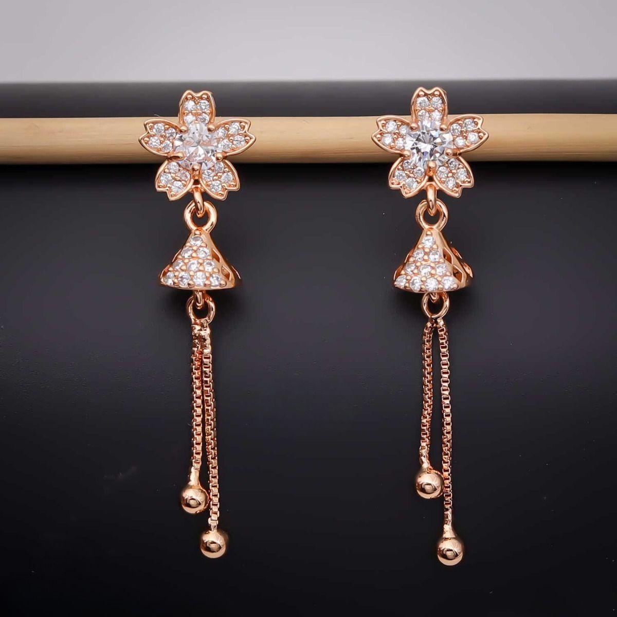 Forevershine Anti Tarnish Crystal Flower Drop Earrings, Rose Gold Plated, Cz Diamond Studded, Long Chain Tassel Design, 40x10mm Dangle Earrings With Ball Ends|lightweight|for Women & Girls - Image 4