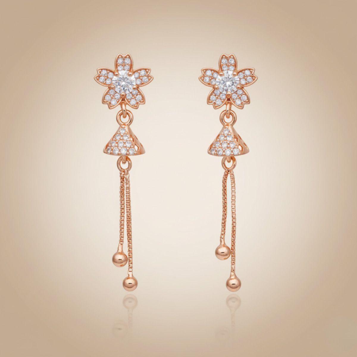 Forevershine Anti Tarnish Crystal Flower Drop Earrings, Rose Gold Plated, Cz Diamond Studded, Long Chain Tassel Design, 40x10mm Dangle Earrings With Ball Ends|lightweight|for Women & Girls