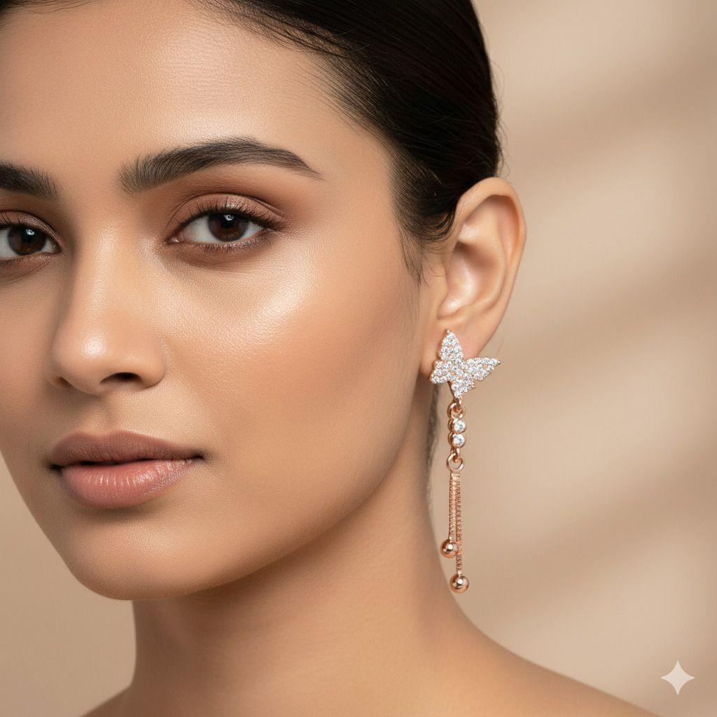 Forevershine Anti Tarnish Rose Gold Butterfly Drop Earrings, Crystal Pave Dangle, Long Chain With Beads, 40x11mm|lightweight|gift For Her|for Women & Girls - Image 2