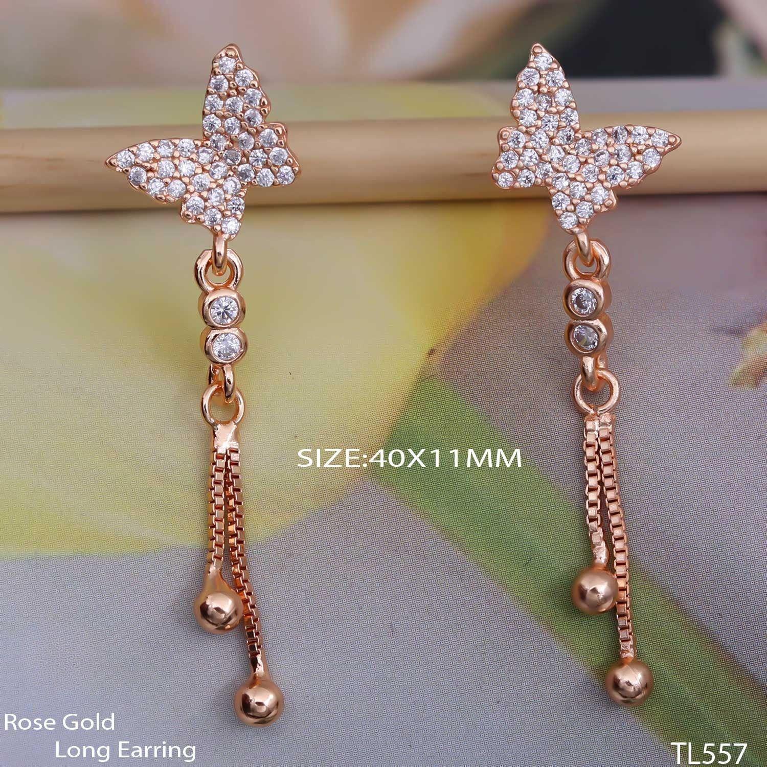 Forevershine Anti Tarnish Rose Gold Butterfly Drop Earrings, Crystal Pave Dangle, Long Chain With Beads, 40x11mm|lightweight|gift For Her|for Women & Girls - Image 3