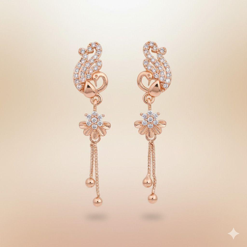 Forevershine Anti Tarnish Rose Gold Peacock Earrings, Long Dangle Drop, Crystal Embellished, Floral Chain Tassel, 40x4mm|lightweight|gift For Her|for Women & Girls