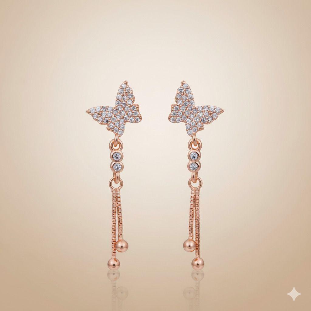 Forevershine Anti Tarnish Rose Gold Butterfly Drop Earrings, Crystal Pave Dangle, Long Chain With Beads, 40x11mm|lightweight|gift For Her|for Women & Girls