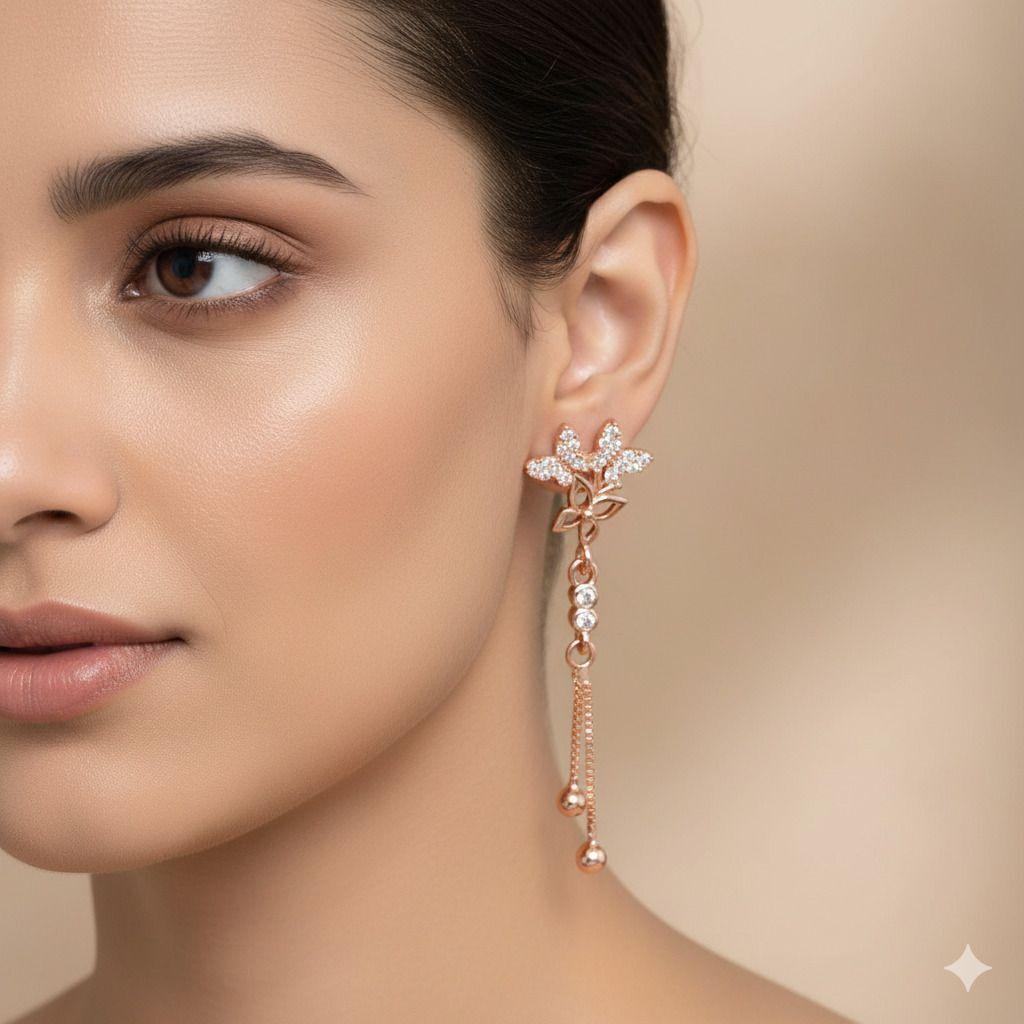 Forevershine Anti Tarnish Rose Gold Floral Drop Earrings With Crystal Embellishments, Dangle Style, Chain With Beads|lightweight|gift For Her|for Women & Girls - Image 2