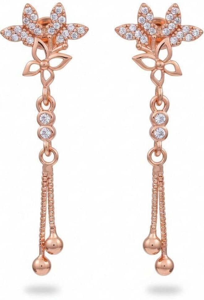 Forevershine Anti Tarnish Rose Gold Floral Drop Earrings With Crystal Embellishments, Dangle Style, Chain With Beads|lightweight|gift For Her|for Women & Girls - Image 4