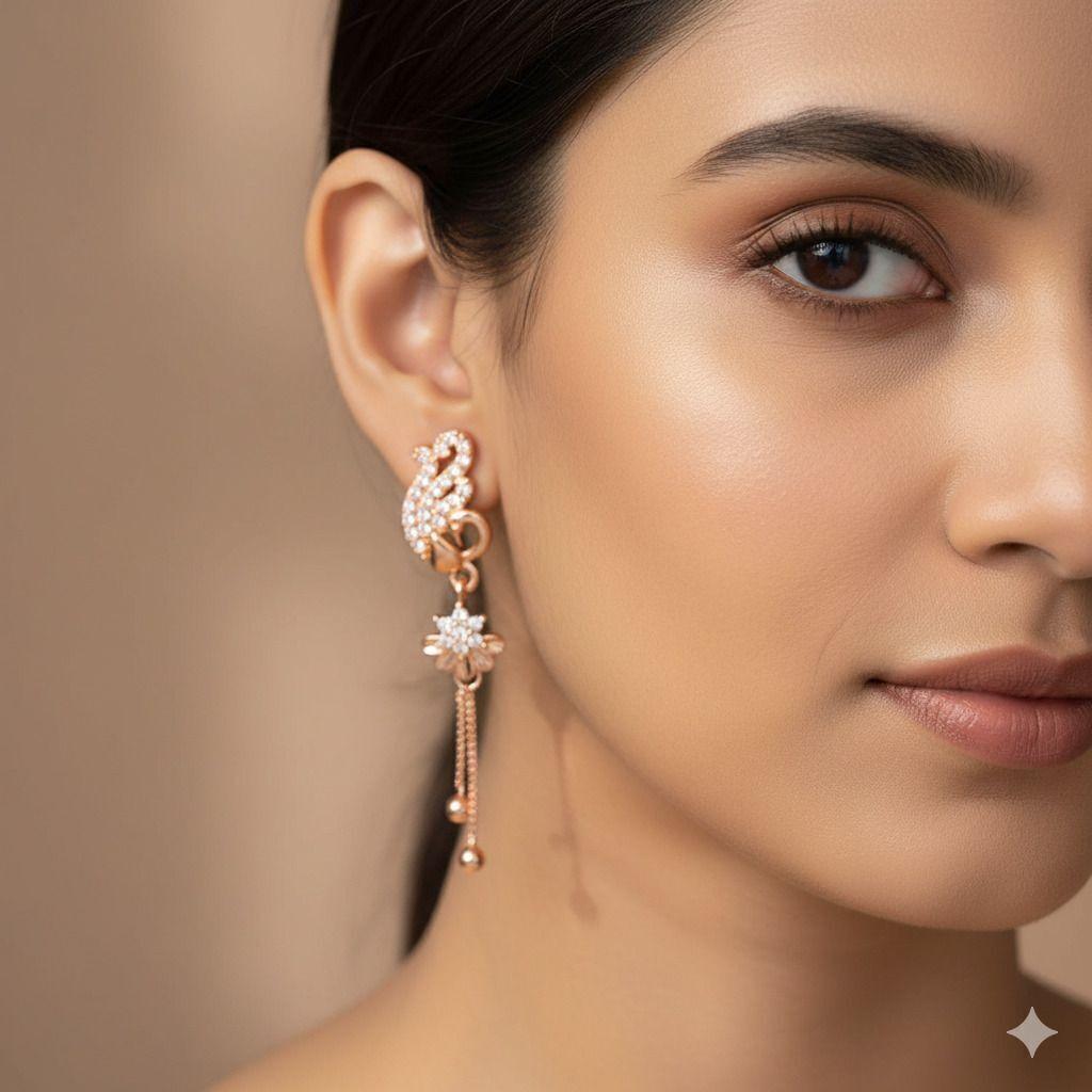 Forevershine Anti Tarnish Rose Gold Peacock Earrings, Long Dangle Drop, Crystal Embellished, Floral Chain Tassel, 40x4mm|lightweight|gift For Her|for Women & Girls - Image 2
