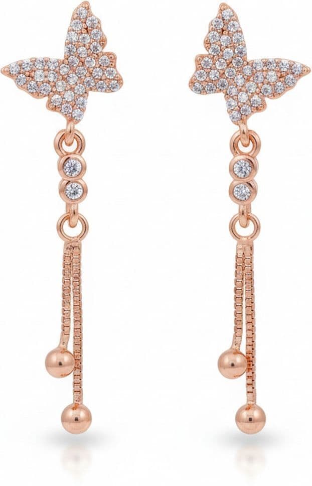 Forevershine Anti Tarnish Rose Gold Butterfly Drop Earrings, Crystal Pave Dangle, Long Chain With Beads, 40x11mm|lightweight|gift For Her|for Women & Girls - Image 4