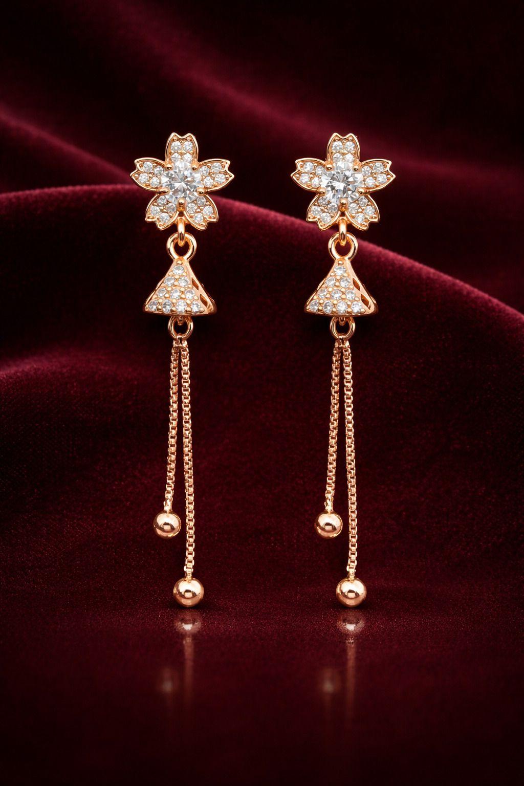 Forevershine Anti Tarnish Crystal Flower Drop Earrings, Rose Gold Plated, Cz Diamond Studded, Long Chain Tassel Design, 40x10mm Dangle Earrings With Ball Ends|lightweight|for Women & Girls - Image 3