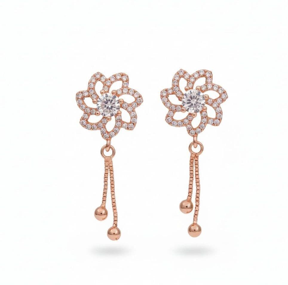Forevershine Anti Tarnish Tl581 Rose Gold Crystal Flower Drop Earrings, 30x14mm, Dangle Style With Ball Chain Tassels, Cubic Zirconia Studded|lightweight|gift For Her|for Women & Girls - Image 4