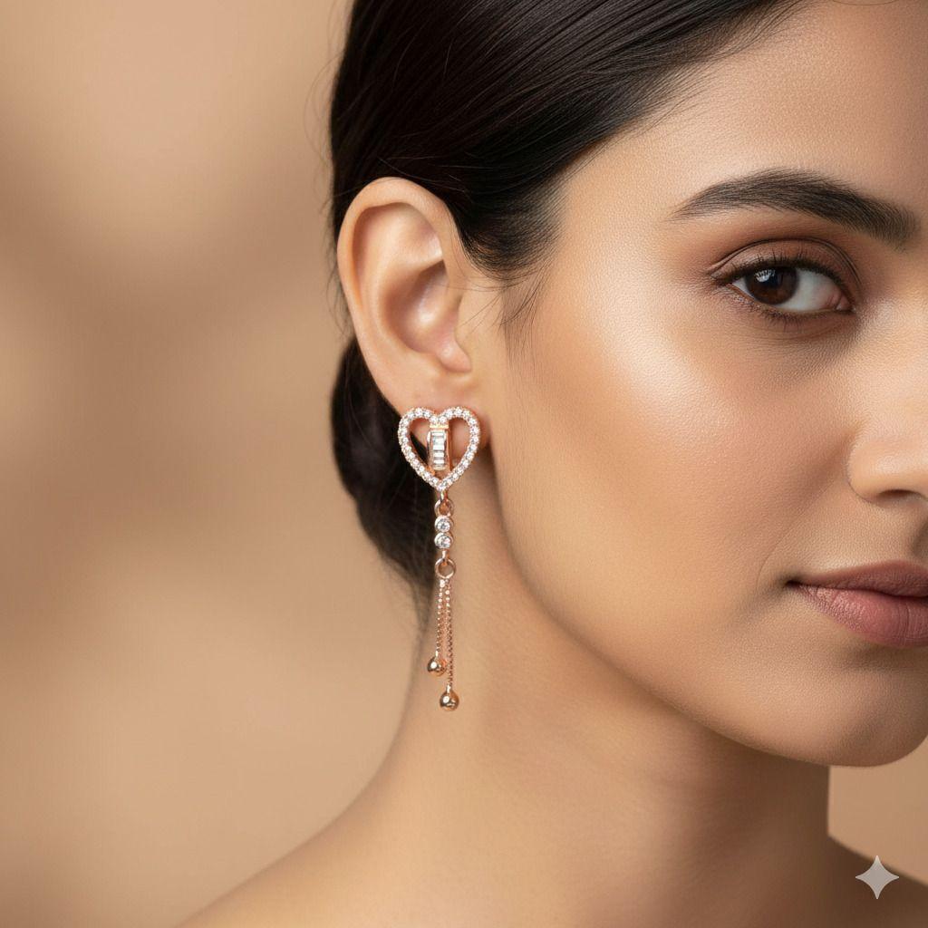 Forevershine Anti Tarnish Heart-Shaped Rose Gold Drop Earrings, Crystal Studded Dangle Design, 35x13mm Long, Tls46 Model|lightweight|gift For Her|for Women & Girls - Image 2