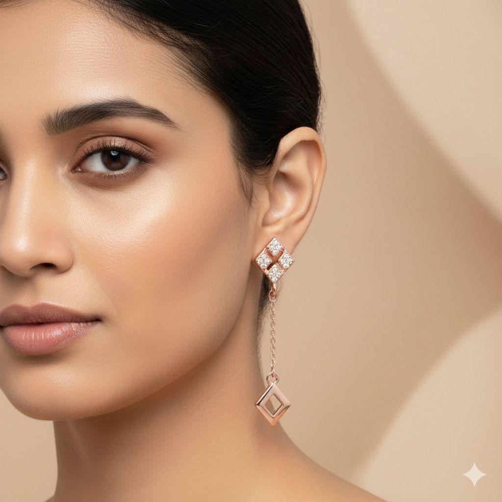 Forevershine Anti Tarnish Rose Gold Cz Long Dangle Earrings, Diamond Shape Drop Earrings With Chain, Premium Jewelry|lightweight|gift For Her|for Women & Girls - Image 2