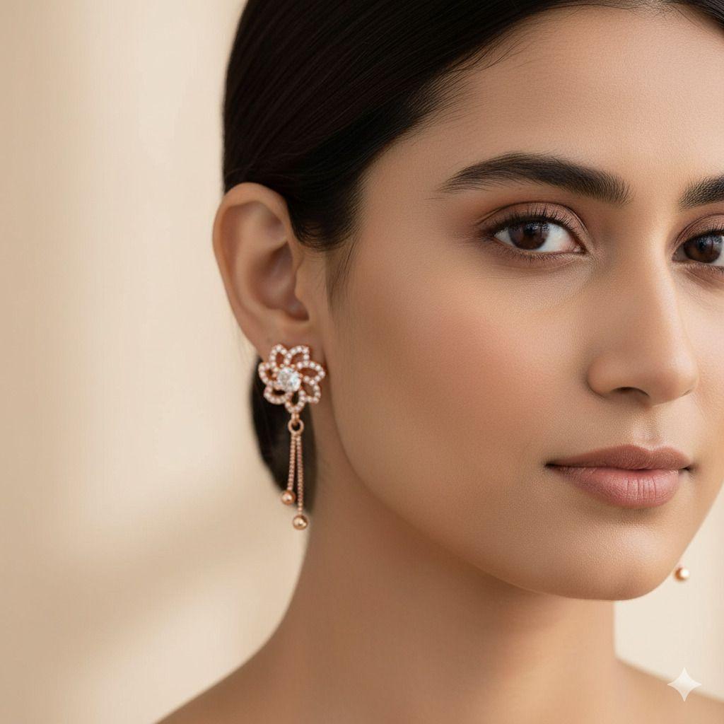 Forevershine Anti Tarnish Tl581 Rose Gold Crystal Flower Drop Earrings, 30x14mm, Dangle Style With Ball Chain Tassels, Cubic Zirconia Studded|lightweight|gift For Her|for Women & Girls - Image 2