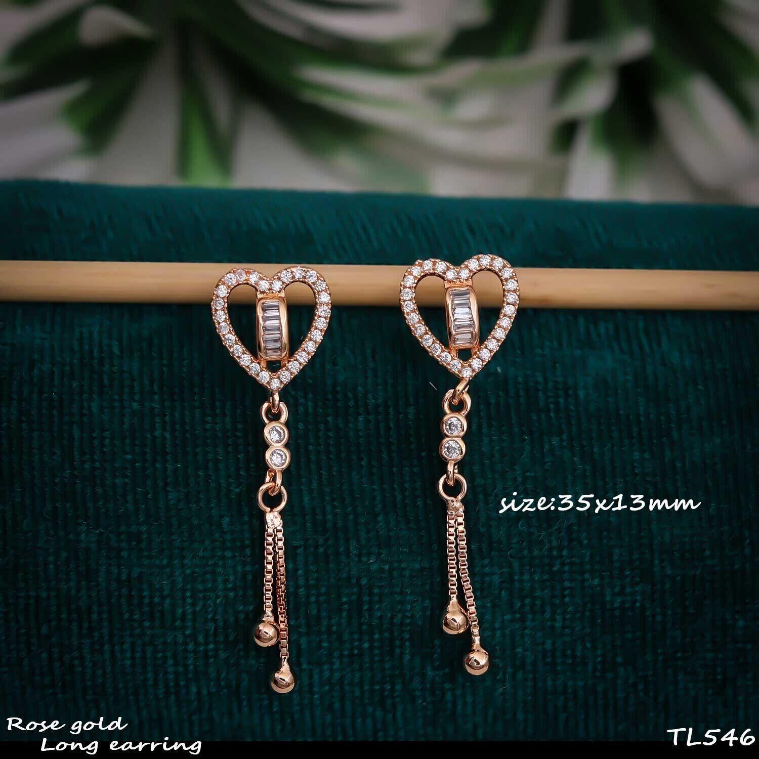 Forevershine Anti Tarnish Heart-Shaped Rose Gold Drop Earrings, Crystal Studded Dangle Design, 35x13mm Long, Tls46 Model|lightweight|gift For Her|for Women & Girls - Image 3