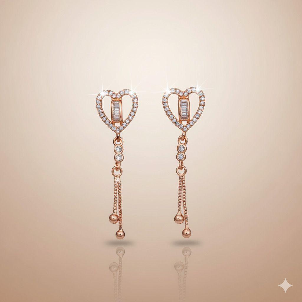 Forevershine Anti Tarnish Heart-Shaped Rose Gold Drop Earrings, Crystal Studded Dangle Design, 35x13mm Long, Tls46 Model|lightweight|gift For Her|for Women & Girls