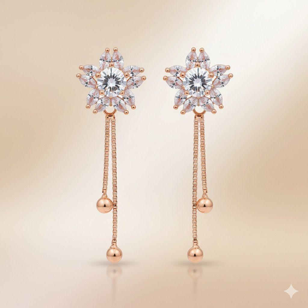 Forevershine Anti Tarnish Rose Gold Flower Drop Earrings, Crystal Stud Earrings With Chain Dangle, Long Earrings|lightweight|gift For Her|for Women & Girls