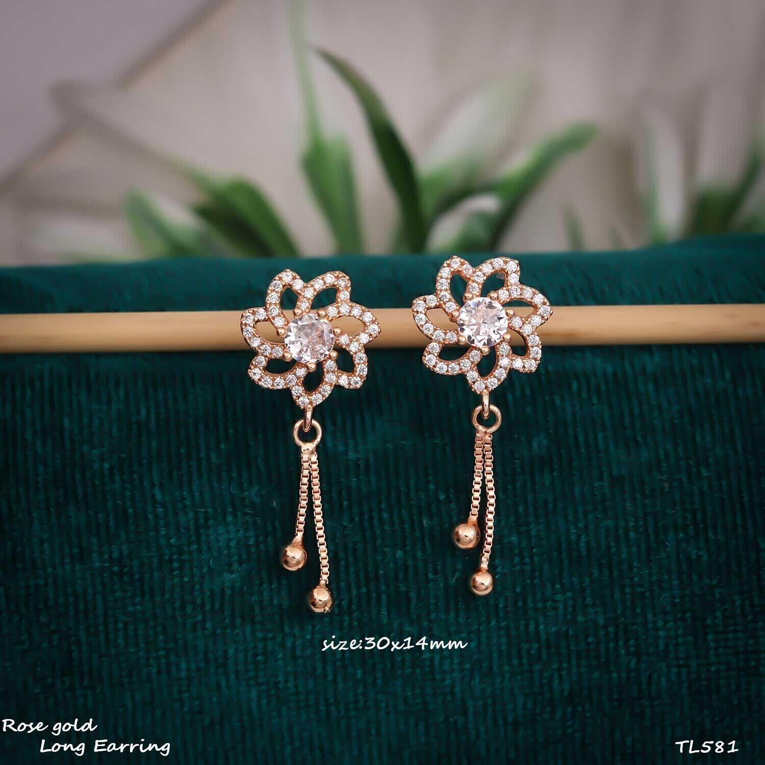 Forevershine Anti Tarnish Tl581 Rose Gold Crystal Flower Drop Earrings, 30x14mm, Dangle Style With Ball Chain Tassels, Cubic Zirconia Studded|lightweight|gift For Her|for Women & Girls - Image 3