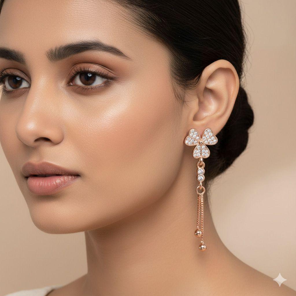 Forevershine Anti Tarnish Rose Gold Clover Flower Drop Earrings, Dangle Chain With Crystal Stones, 40x11mm|lightweight|gift For Her|skin Friendly & Hypoallergenic|stylish Jewelry For Women & Girls - Image 2