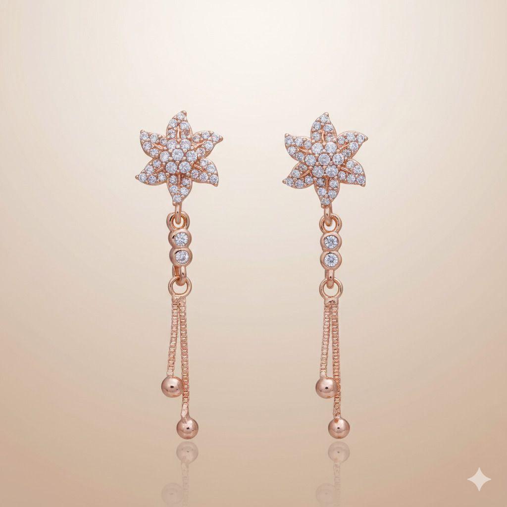 Forevershine Anti Tarnish Rose Gold Flower Dangle Earrings, Crystal Studded, Chain Drop Design,|lightweight|gift For Her|skin Friendly & Hypoallergenic|stylish Jewelry For Women & Girls
