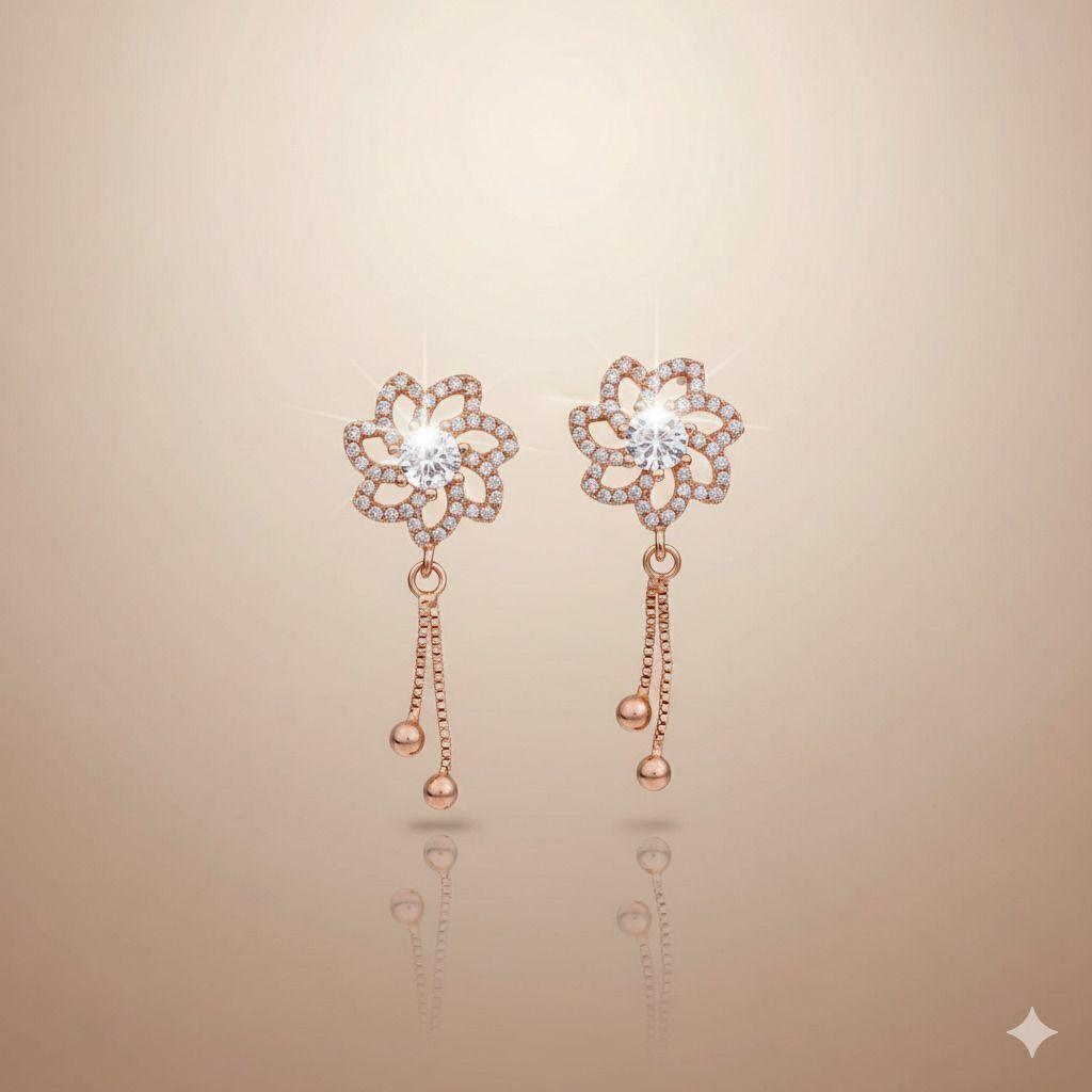 Forevershine Anti Tarnish Tl581 Rose Gold Crystal Flower Drop Earrings, 30x14mm, Dangle Style With Ball Chain Tassels, Cubic Zirconia Studded|lightweight|gift For Her|for Women & Girls