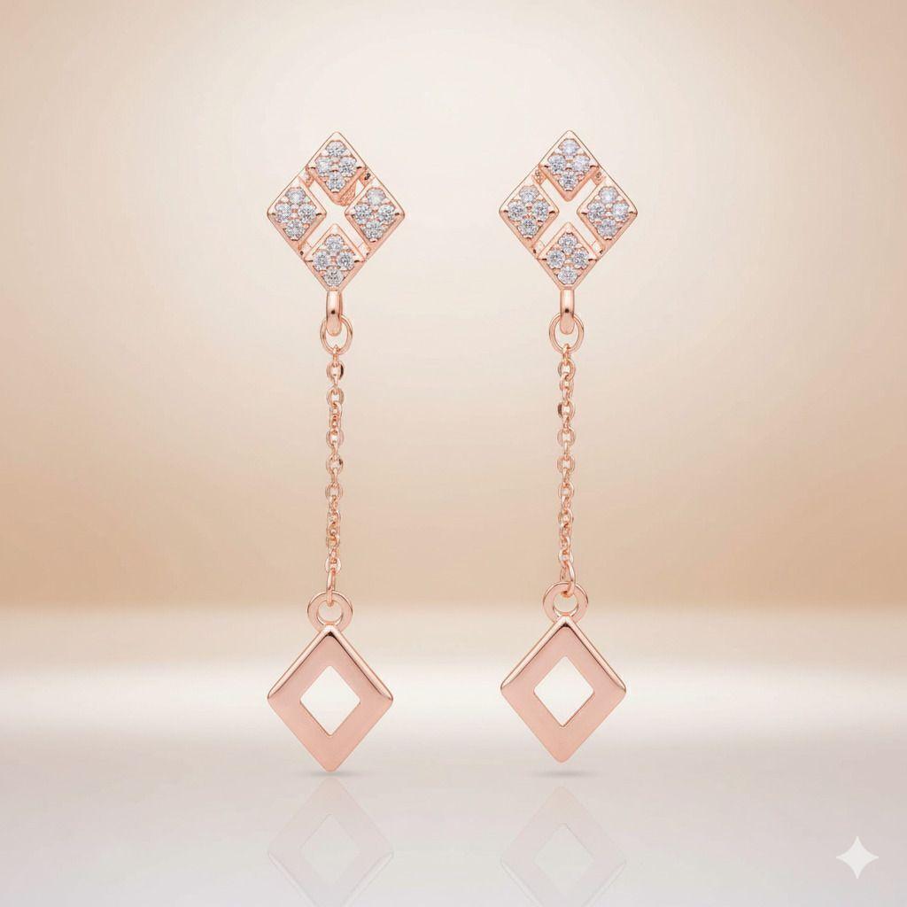 Forevershine Anti Tarnish Rose Gold Cz Long Dangle Earrings, Diamond Shape Drop Earrings With Chain, Premium Jewelry|lightweight|gift For Her|for Women & Girls