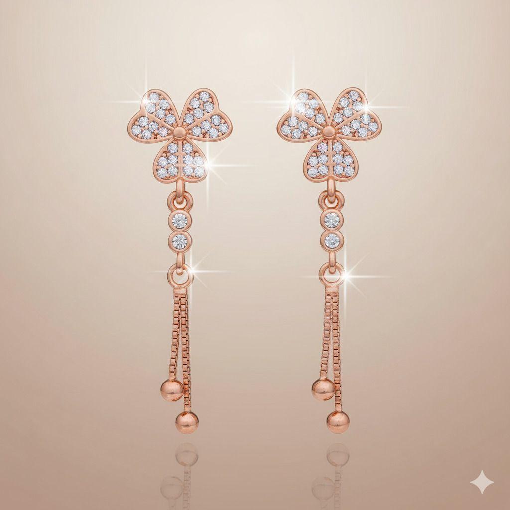 Forevershine Anti Tarnish Rose Gold Clover Flower Drop Earrings, Dangle Chain With Crystal Stones, 40x11mm|lightweight|gift For Her|skin Friendly & Hypoallergenic|stylish Jewelry For Women & Girls
