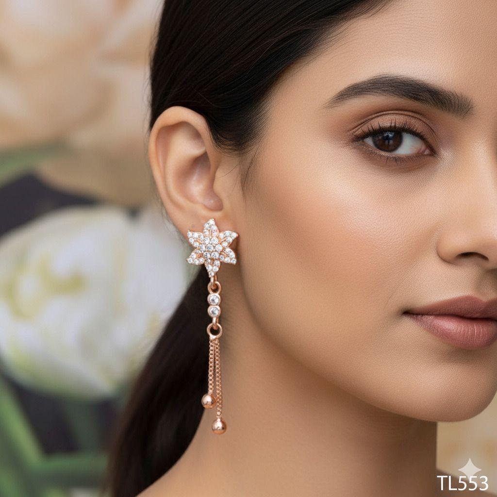 Forevershine Anti Tarnish Rose Gold Flower Dangle Earrings, Crystal Studded, Chain Drop Design,|lightweight|gift For Her|skin Friendly & Hypoallergenic|stylish Jewelry For Women & Girls - Image 2