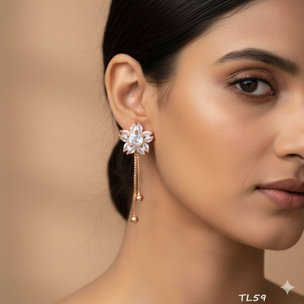 Forevershine Anti Tarnish Rose Gold Flower Drop Earrings, Crystal Stud Earrings With Chain Dangle, Long Earrings|lightweight|gift For Her|for Women & Girls - Image 2