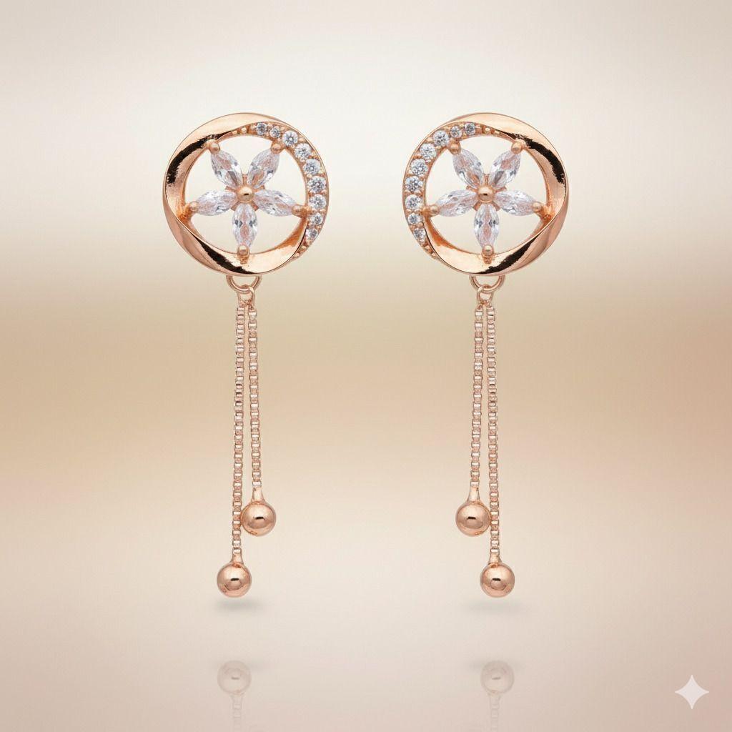 Forevershine Anti Tarnish Rose Gold Long Earrings, Flower Design With Crystal Stones, Circular Drop Dangle Style, 40x10mm|lightweight|gift For Her|for Women & Girls